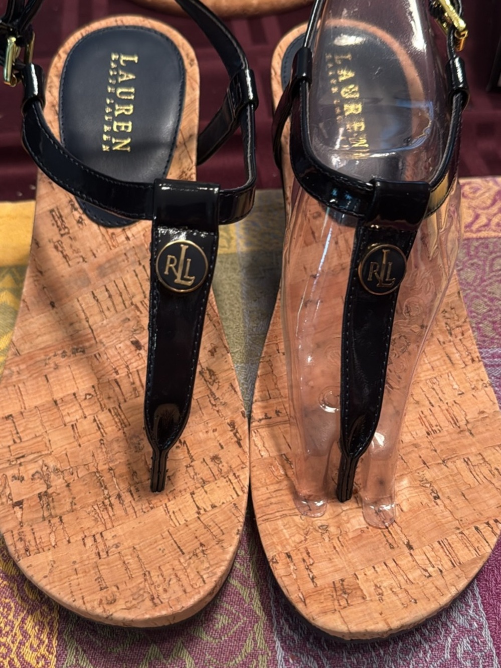 Ralph Lauren Navy Blue Patent Leather Cork Wedge Sandals - Picture 2 of 5